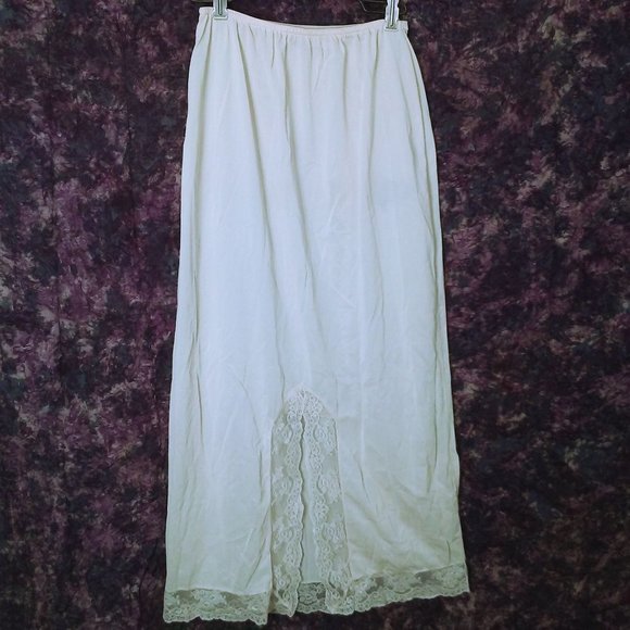 Vintage 60s Greenco Maid Long Half Slip-Skirt M(6) Lace Edge 15" Slit Cream Flaw - Picture 1 of 10